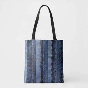 Elegantes Indigo Lace Stripe Denim Muster Tasche
