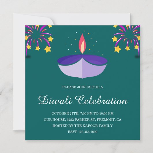 Elegantes indisches Diya Lamp Aquamarin Diwali Par Einladung (Vorderseite)