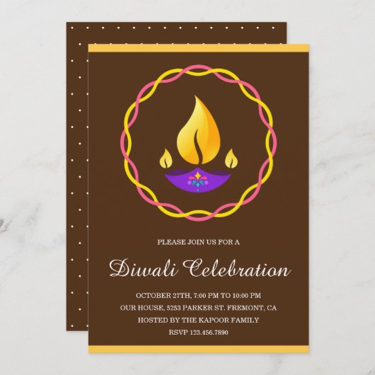 Elegantes indisches Diya Lamp Brown Diwali Party Einladung (Vorne/Hinten)