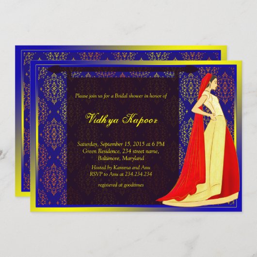 Elegantes indisches Hochzeit-Damask-Brautparty Ein Einladung (Vorne/Hinten)