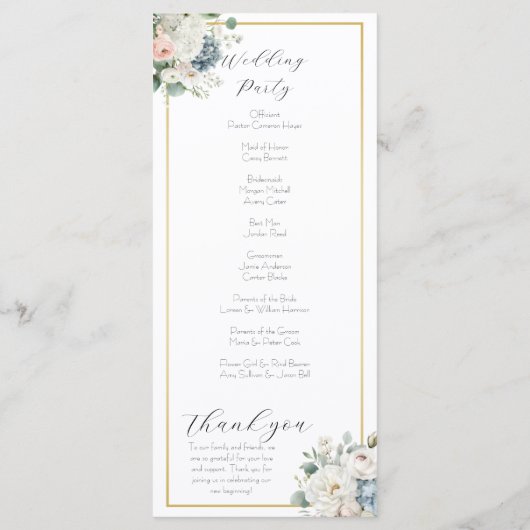 Elegantes, individuelles Hochzeitsprogramm mit Blu Programm (Rückseite)