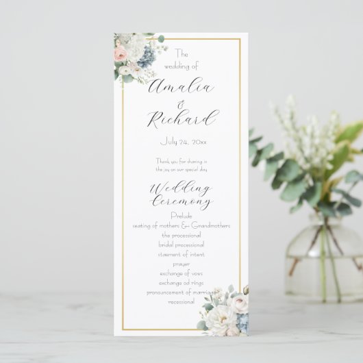 Elegantes, individuelles Hochzeitsprogramm mit Blu Programm (Stehend Vorderseite)