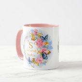 Elegantes initiales Blumen-Schmetterling-Monogramm Tasse (Vorderseite Links)