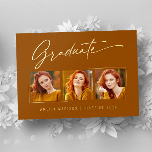 Elegantes Ink Script 3 Foto Grad Burnt Orange Kart Folieneinladung