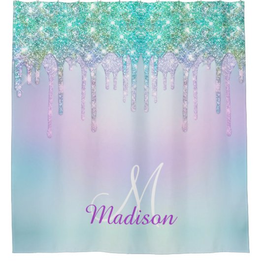 Elegantes Iridescent Blue Glitzer Tropfen Monogram Duschvorhang (Vorderseite)
