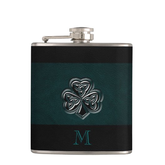 Elegantes Irish Kleeblatt Leder Look Monogramm Flachmann (Vorderseite)