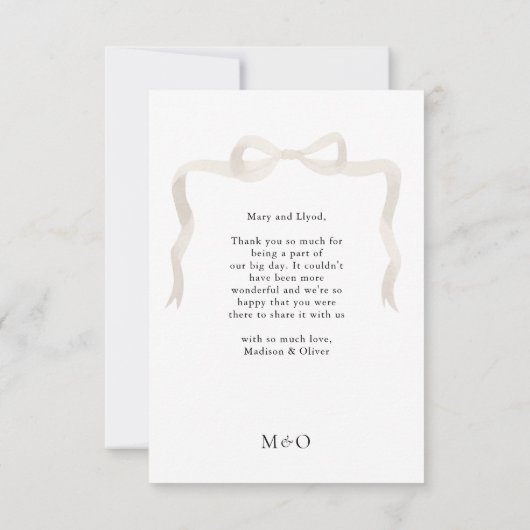 Elegantes Ivory Beige Bow Monogram Foto Wedding Dankeskarte (Rückseite)