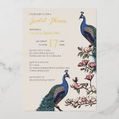Elegantes Ivory Floral Peacock Brautparty Folieneinladung (Vorderseite)