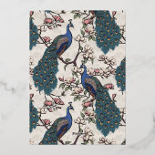 Elegantes Ivory Floral Peacock Brautparty Folieneinladung (Rückseite)