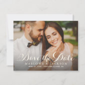 Elegantes Ivory Floral Script Wedding Foto Save The Date (Vorderseite)