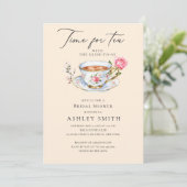 Elegantes Ivory Floral Tea Party Brautparty Einladung (Stehend Vorderseite)