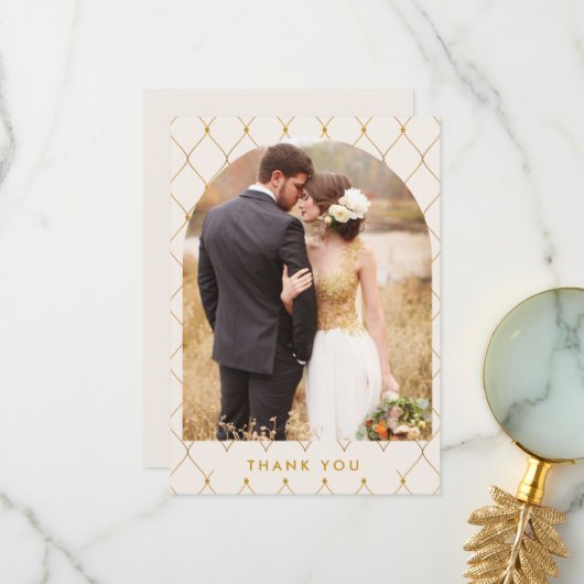 Elegantes Ivory Gold Arch Foto Hochzeit Dankeskarte (Vorderseite/Rückseite Beispiel)