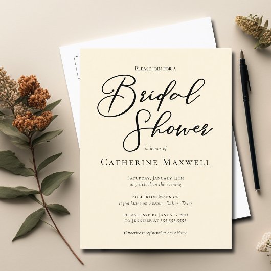 Elegantes Ivory Minimalistisch Typografy Brautpart Einladungspostkarte