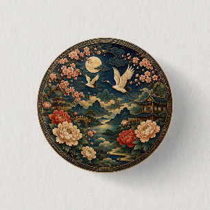 Elegantes Japanisches Kranich-Mond-Landschaft-Kind Button