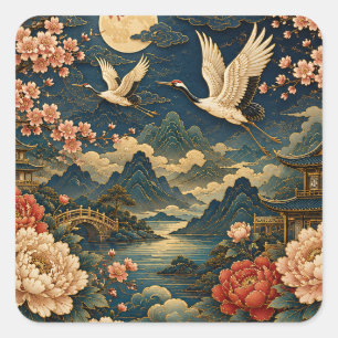 Elegantes Japanisches Kranich-Mond-Landschaft-Kind Quadratischer Aufkleber