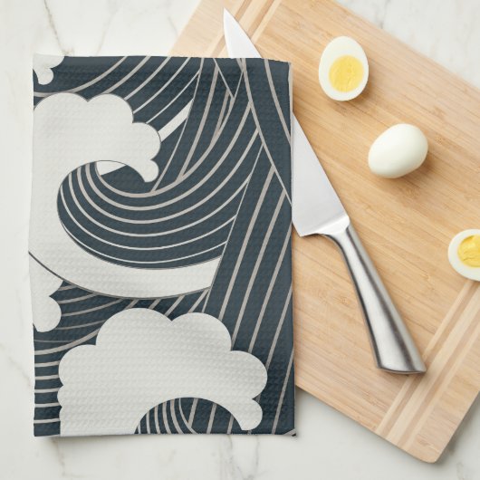 Elegantes japanisches Waves Schwarz-Weiß-Kunstwerk Geschirrtuch (Viertel Falte)