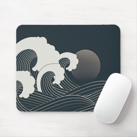 Elegantes japanisches Waves Schwarz-Weiß-Kunstwerk Mousepad (Mit Mouse)