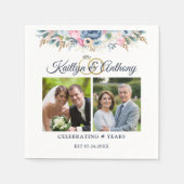 Elegantes Jubiläum Wasserfarben Blumen 2 Fotos Serviette (Vorderseite)