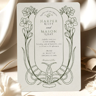 Elegantes Jugendstil Freesia Line Art Wedding Einladung
