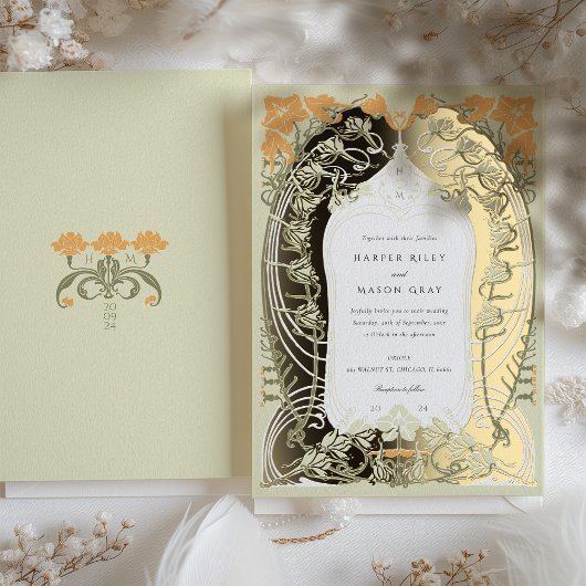 Elegantes Jugendstil Hochzeit Blumendesign Folieneinladung