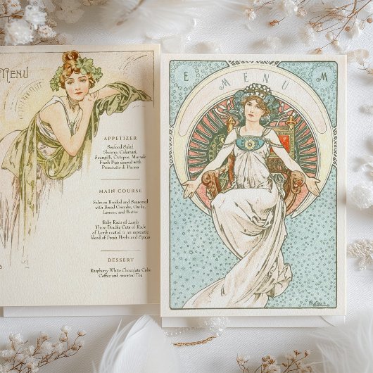 Elegantes Jugendstil Hochzeitsmenü Einladung