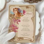 Elegantes Jugendstil Hochzeitsmenü Einladung<br><div class="desc">Dieses Vintag inspirierte Jugendstil-Dinner-Menü zeichnet die zeitlose Eleganz der Zeit mit seinen anmutigen Blumenbildern und seinem aufwändigen Design aus. An der Vorderseite des Menüs befindet sich eine hübsche, mit Blume geschmückte Frau, die durch fließende Linien und warme Erdtöne in Beige, Gold und Rose gerahmt ist. Die zarten lila und magentafarbenen...</div>