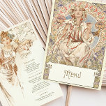 Elegantes Jugendstil Hochzeitsmenü Einladung<br><div class="desc">Dieses wunderschöne Dinner-Menü zeigt ein exquisites Jugendstil-Design mit Illustrationen, die an Alphonse Muchas ikonischen Stil erinnern. Die Vorderseite des Menüs hebt eine ruhige Frau hervor, umgeben von faszinierenden Mustern und Blumenmotiven in sanften, erdigen Tönen von Sahne, gedämpftem Gold, Salbei-Grün und zarten Pastellfarben. Die Vintage Eleganz der Illustration erinnert an eine...</div>