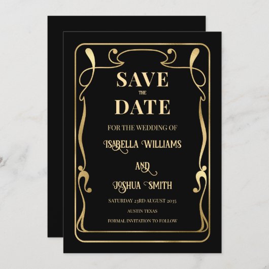 Elegantes Jugendstil Schwarz & Gold Save the Date Einladung (Vorne/Hinten)