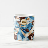 Elegantes, kaffeeblau-blaues Bändchen-Monogramm Kaffeetasse (Mittel)