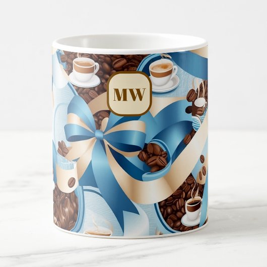 Elegantes, kaffeeblau-blaues Bändchen-Monogramm Kaffeetasse