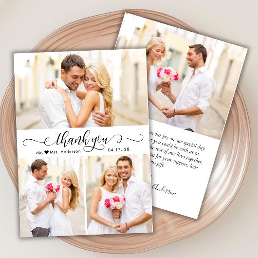 Elegantes Kalligrafie-Script 3 Foto Collage Weddin Dankeskarte