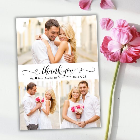 Elegantes Kalligrafie-Script 3 Foto Collage Weddin Dankeskarte