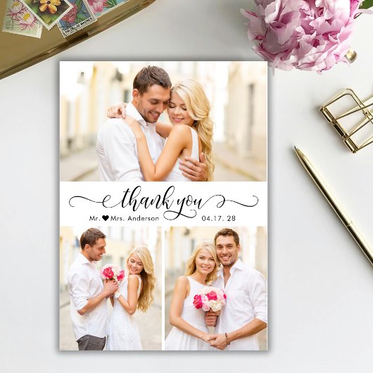 Elegantes Kalligrafie-Script 3 Foto Collage Weddin Dankeskarte