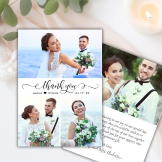 Elegantes Kalligrafie-Script 3 Foto Collage Weddin Dankeskarte