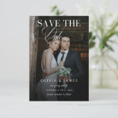 Elegantes Kalligrafie-Script Hochzeitsfoto Save The Date (Stehend Vorderseite)