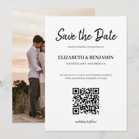 Elegantes Kalligrafie-Skript QR-Code-Foto Save The Date (Vorne/Hinten)