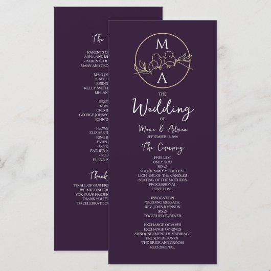 Elegantes kalligrafisches Hochzeitsprogramm Programm (Vorne/Hinten)