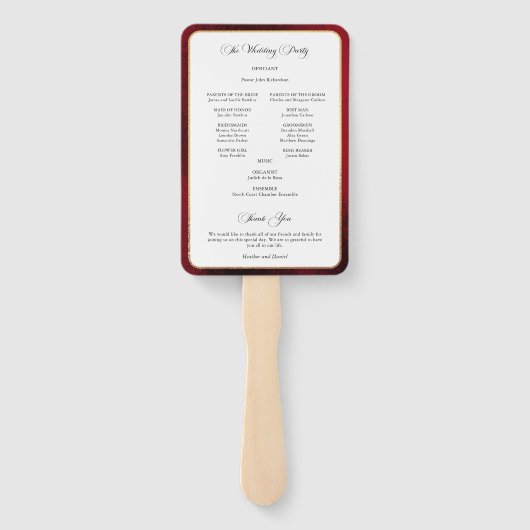 Elegantes kalligrafisches Hochzeitsprogramm Rot un Fächer (Rückseite)