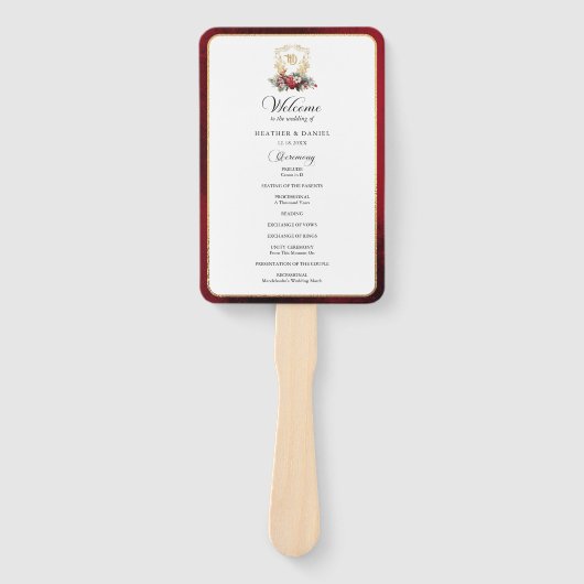 Elegantes kalligrafisches Hochzeitsprogramm Rot un Fächer (Vorderseite)