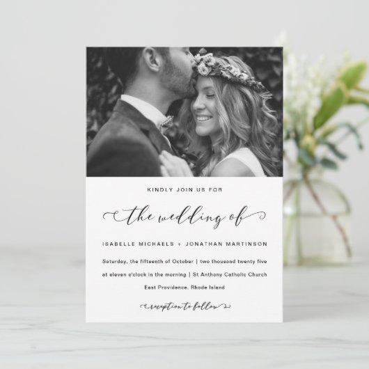 Elegantes kalligrafisches Schwarz-Weiß-Hochzeitsse Einladung (Stehend Vorderseite)