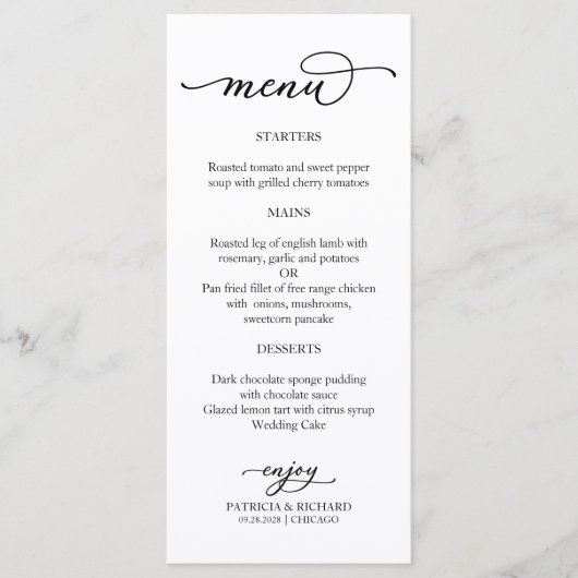 Elegantes Kalligrafisches Schwarz-Weiß-Menü Menükarte (Vorderseite)