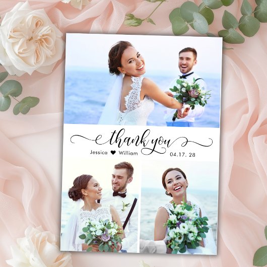 Elegantes Kalligrafisches Skript Hochzeit 3 FotoCo Dankeskarte