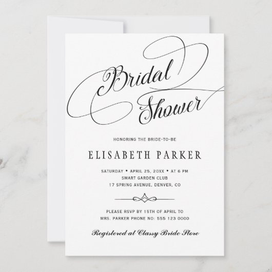 Elegantes Kalligraphieskript-Brautparty Einladung (Vorderseite)