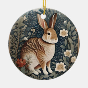 Elegantes Kaninchen Gerahmt von Blume und Blätter Keramik Ornament