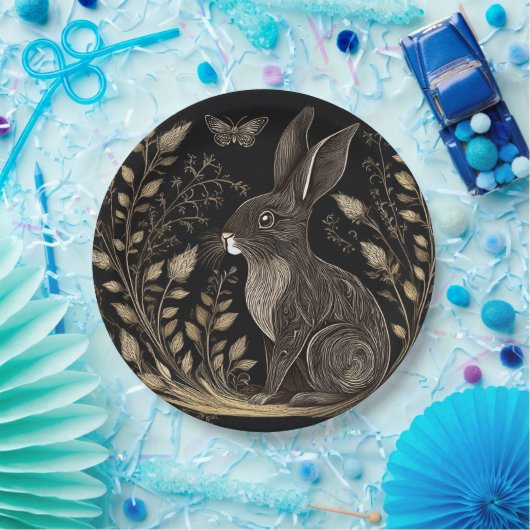 Elegantes Kaninchen in Schwarz und Beige Pappteller (Party)