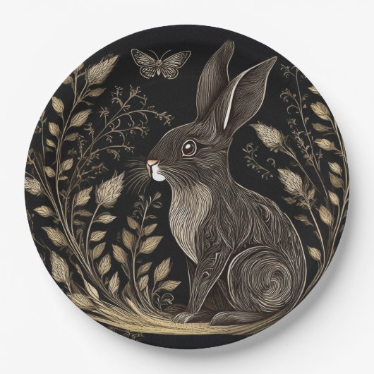 Elegantes Kaninchen in Schwarz und Beige Pappteller (Vorderseite)