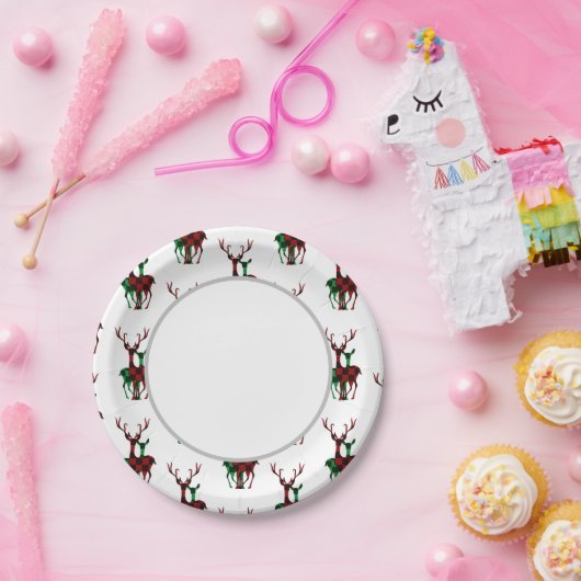 Elegantes Kariertes Rentier-Paar Red & Green Buffa Pappteller (Party)