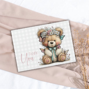Elegantes Karo-Teddy-Blumen-Daisy-Baby-Shower  Dankeskarte