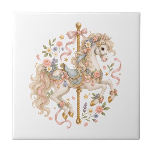 Elegantes Karussellpferd Französisches Märchen Fliese (Vorderseite)