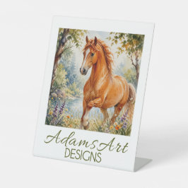Elegantes kastanienbraunes Pferd am Flussufer Aqua Sockelschild